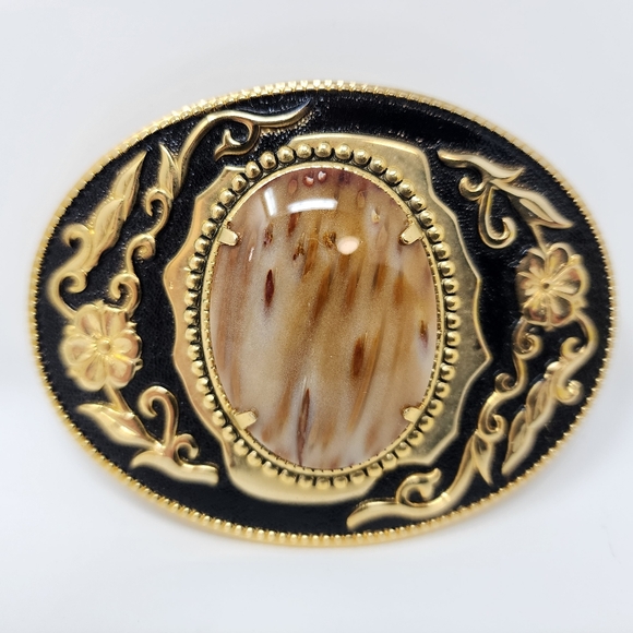 Accessories - Western Style Polished Stone And Gold Tone Floral Embossed Belt Buckle